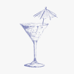 Elegant vintage ink blue sketch of Italian style handcrafted cocktail,  aperitivo drink with noisy gritty dot halftone effect and retro pop art stipple texture.