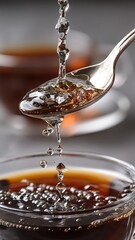 A spoon drips syrup over a cup of coffee.