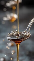 Fototapeta premium Golden syrup drips from a silver spoon.