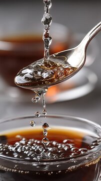 A spoon drips syrup over a cup of coffee.