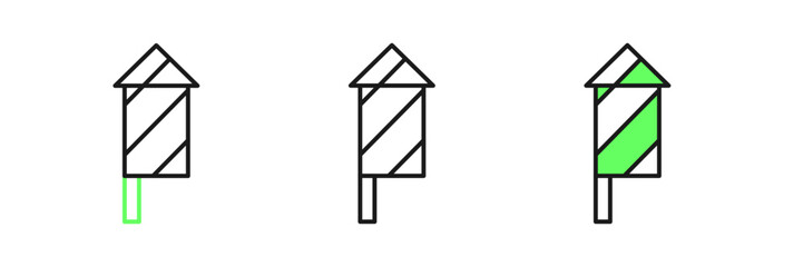 Set line Firework rocket icon isolated on white background. Concept of fun party. Explosive pyrotechnic symbol. Vector