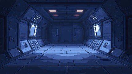 Futuristic spaceship interior corridor with screens and glowing lights