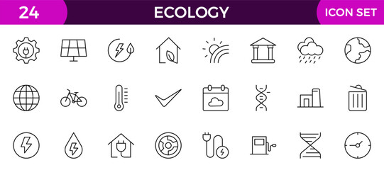 Ecology icon set. Ecofriendly icon, nature icons set. Linear ecology icons. Environmental sustainability simple symbol. Simple Set of Line Icons.Global Warming, Forests, Organic Farming.