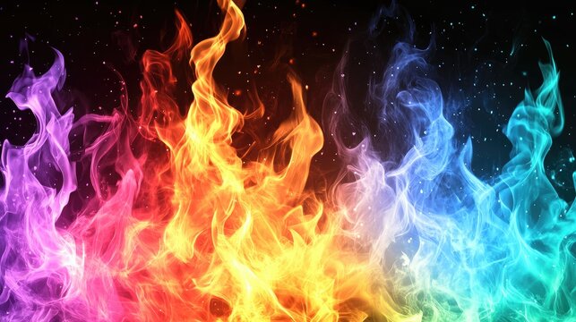 Vibrant rainbow flames against a dark, starry background
