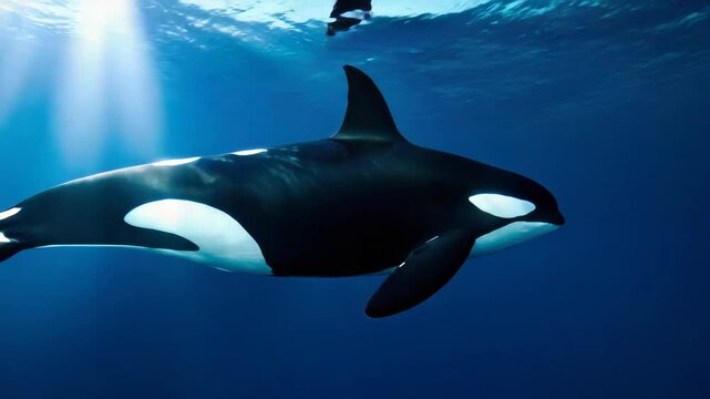 A majestic orca gracefully swimming beneath the ocean waves, illuminated by sunlight.