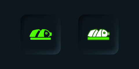 Green Fish with sliced pieces with knife icon isolated on black background. Black square button. Vector