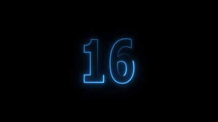 A glowing neon 16 number illustration . on a black background. and creating a illustration stunning 4k illustration .