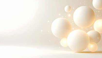 Floating White Spheres with Golden Glow on Beige Background