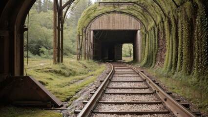 Obraz premium Abandoned Railway Tunnel Covered in Moss