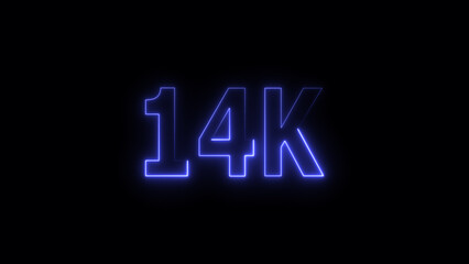 14 k Glowing neon line Letter Icon illustration. 14 k followers and subscribers on black background 4K illustration.