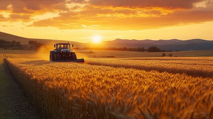 Obraz premium Tractor in wheat field at sunset