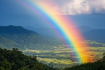 A stunning rainbow stretches across a verdant valley after a refreshing summer rain. The natural landscape shows rolling hills and vibrant greenery under a dramatic sky