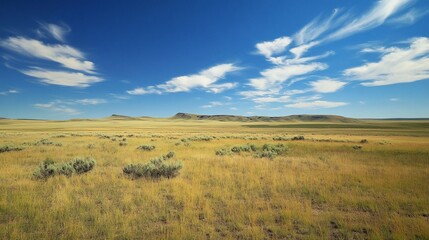 Fototapeta premium Vast Golden Prairie Under a Sky of Wispy Clouds
