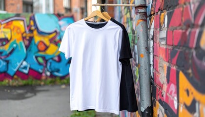 Obraz premium Contemporary display featuring white and black t-shirts amidst urban graffiti