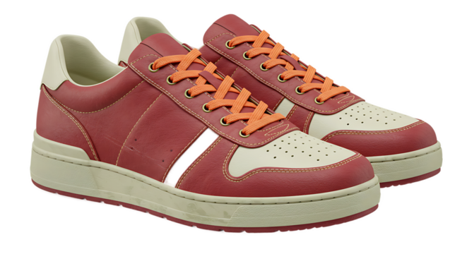 Stylish red and white sneakers closeup