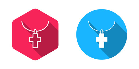 Obraz premium Filled and outline Christian cross on chain icon isolated with long shadow background. Church cross. Vector