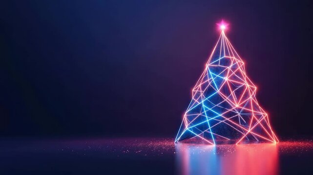 Neon Christmas tree animation shows geometric patterns forming a festive shape with a star on top. Abstract holiday motion graphic on dark background with reflections.