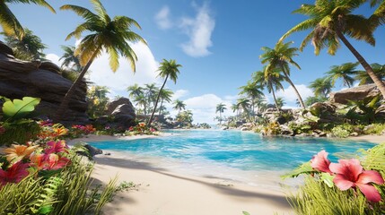 Tropical beach paradise landscape illustration