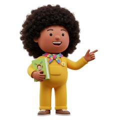 3D Cartoon Kid Pointing and Holding Book on white background