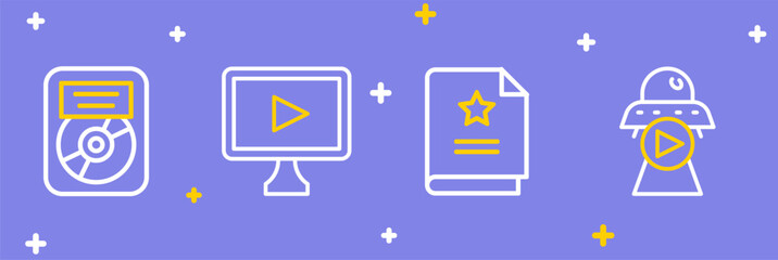 Set line Science fiction, Scenario, Online play video and CD disk award frame icon. Vector
