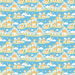 Seamless tileable pattern of mushroom houses among trees and clouds
