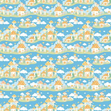Seamless tileable pattern of mushroom houses among trees and clouds
