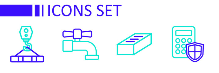 Set line Security keypad access panel, Brick, Water tap and Crane hook icon. Vector