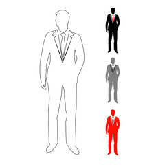 Fashion icon of an adult man turning his head to the side wearing a suit with a long tie and his left hand in his pocket, line icon, black, dark white and red in color.