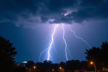 Lightning strikes illuminating the night sky over silhouetted trees and distant street lights nearby