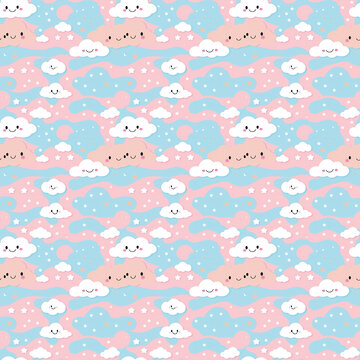 Cute Friendly Clouds Pattern on Pink Sky Background for Kids
