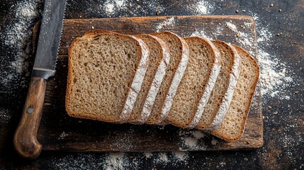 Rustic sourdough bread slices on wooden board