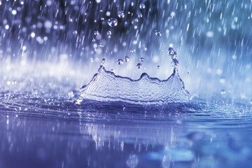 Raindrops splash onto a reflective surface, sending out concentric ripples across the water. The vivid display captures the beauty of a rainy day, emphasizing natures serene and dynamic interactions