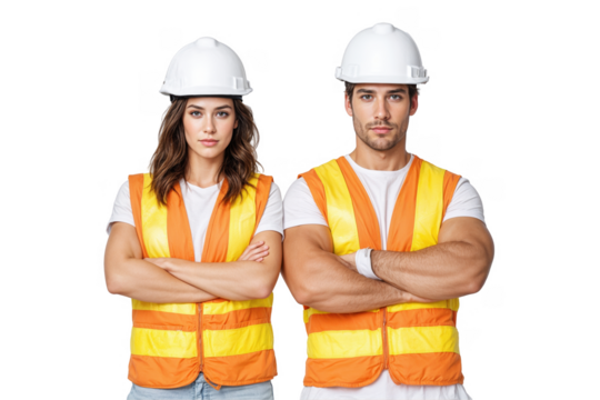 Two construction workers, a woman and a man, are dressed in safety vests and helmets, standing with crossed arms. They represent dedication and teamwork amidst the energy of a busy construction site.