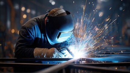 Welder with sparks in dark area
