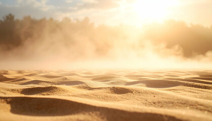 Golden Desert Sunrise with Mist and Sand Dunes
