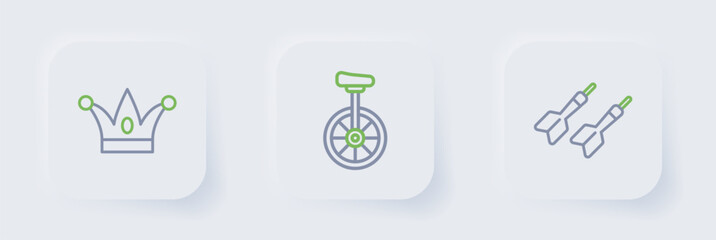 Set line Dart arrow, Unicycle and Jester hat with bells icon. Vector © Iryna