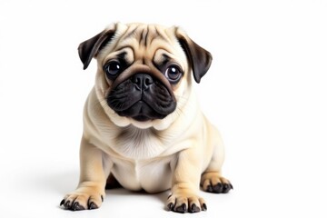 Obraz premium Adorable pug dog sitting, isolated on white background, front view, white, fluffy