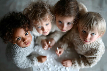 Diverse Group of Children in Cozy Sweaters Looking Up – Childhood Concept