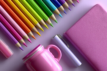 Flat Lay of School Supplies with Rainbow Colors on Pink Background
