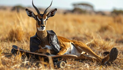 Relaxed gazelle wearing a jacket and leaning on a skateboard in tall grass