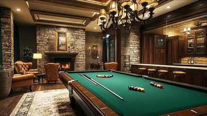 Cozy interior of a luxurious game room featuring a pool table, elegant lighting, and a fireplace