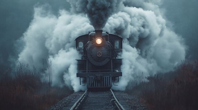 Vintage steam train moving through fog