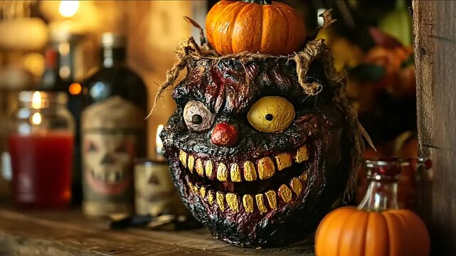 Creepy Halloween-themed clown pumpkin decoration with eerie expression on a rustic wooden shelf