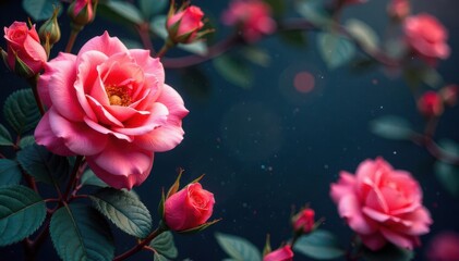 Intricate blooming roses & leaves, vibrant hues, flowers, pattern