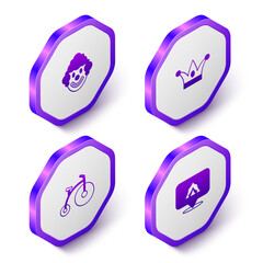 Set Isometric Clown head, Jester hat with bells, Vintage bicycle and Circus tent icon. Purple hexagon button. Vector