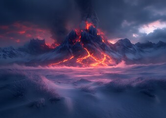 Fototapeta premium Volcanic eruption in snowy landscape