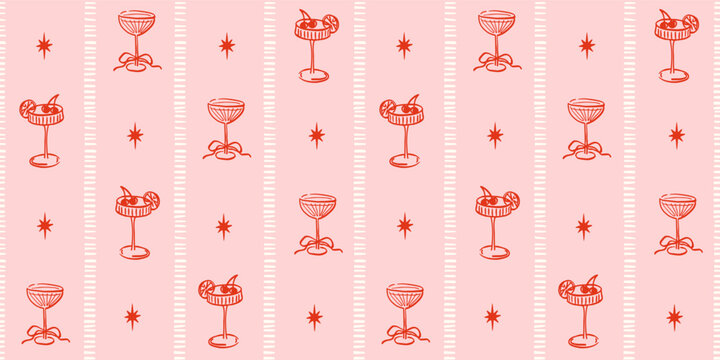 Seamless pattern with martini cocktail glasses and stars in vertical stripes. Hand drawn ink vector illustration. Background for social media, banners, invitation. Trendy coquette core template.   