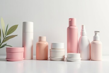 Various cosmetic containers on white backdrop, spa, simple