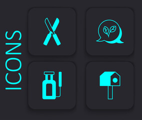 Set Bird house, Gardening scissors, Leaf and sprayer for water icon. Black square button. Vector