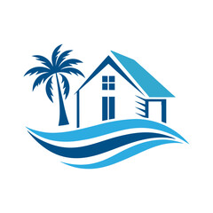 Vacation Rental Icon with Palm Tree and Waves Vector Logo.